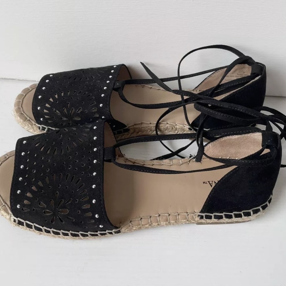 Merona Black Peep Toe Lace Up Flat Sandals